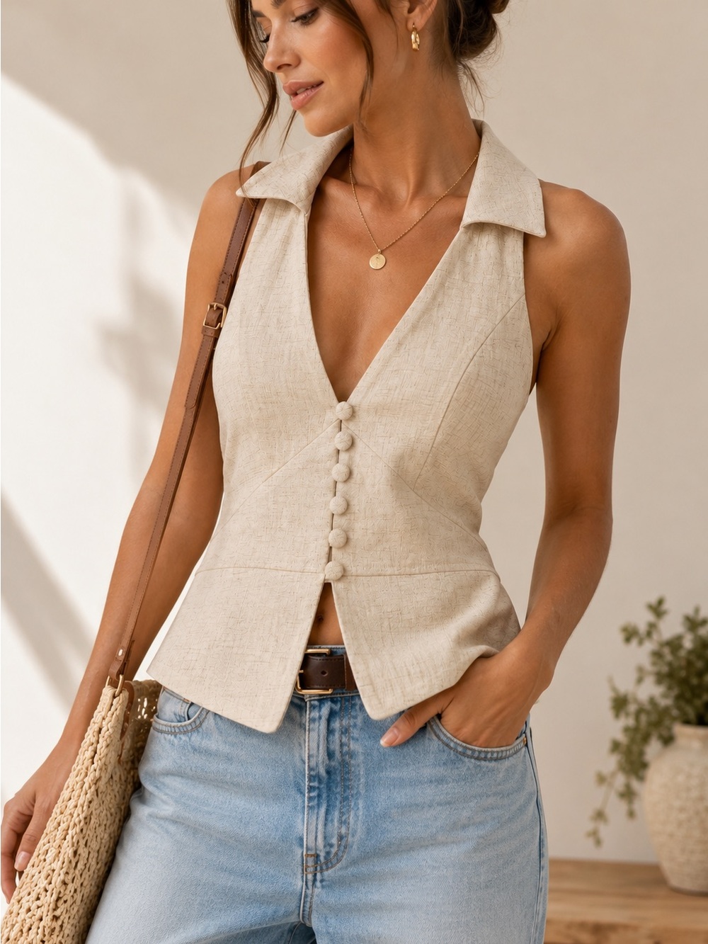 Fashion Nova Cream Linen Blend Longline Vest Top Size M